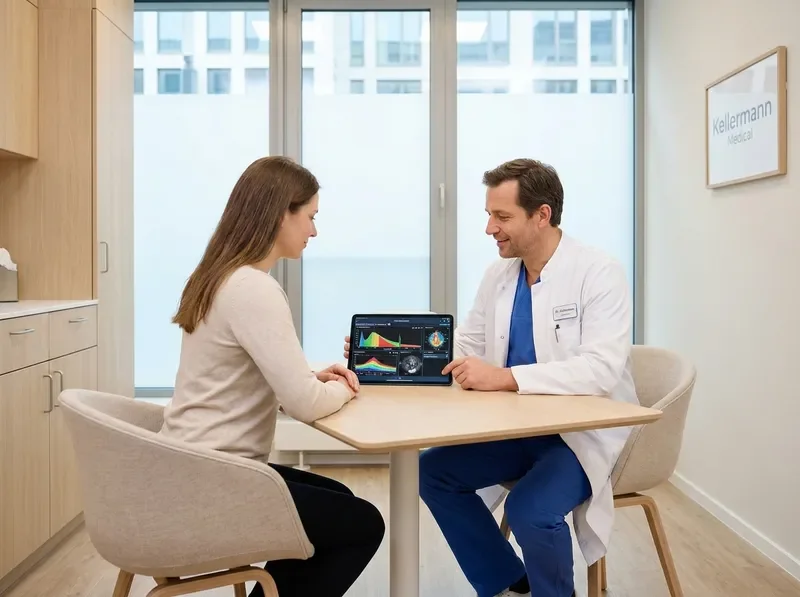 Arzt in heller Praxis bei Kellermann Medical bespricht Diagnostik mit Patient